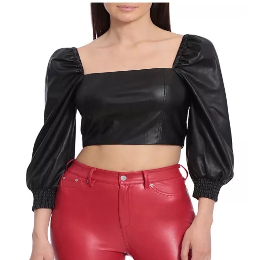 Black Faux Leather Puff Sleeve Top corset crop avec Les filles summer $98 boho